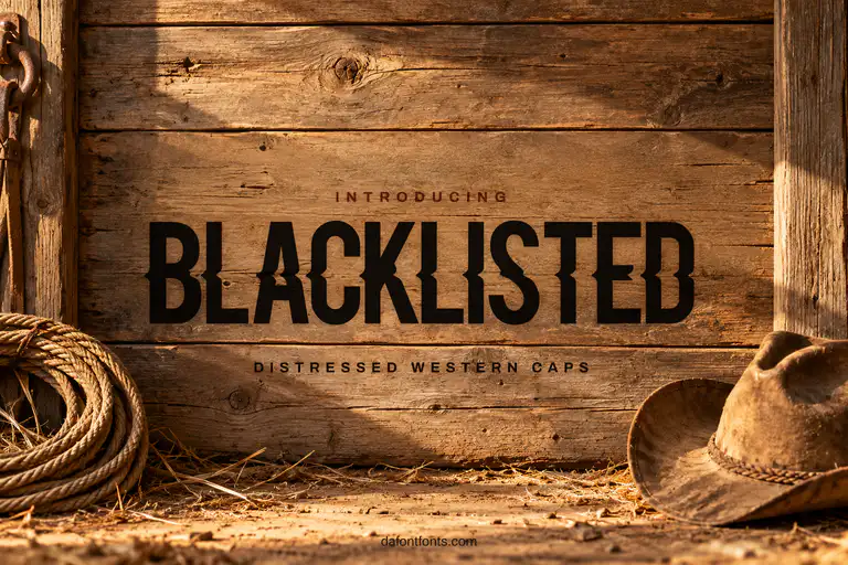 Blacklisted font poster: black condensed caps on a dusty old-west wooden wall