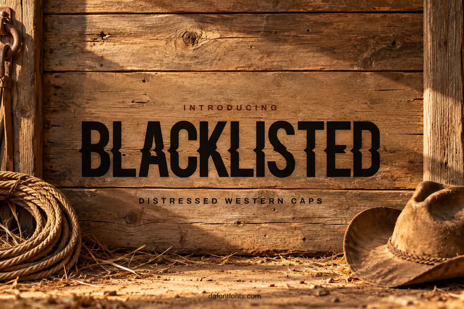 Blacklisted font poster: black condensed caps on a dusty old-west wooden wall
