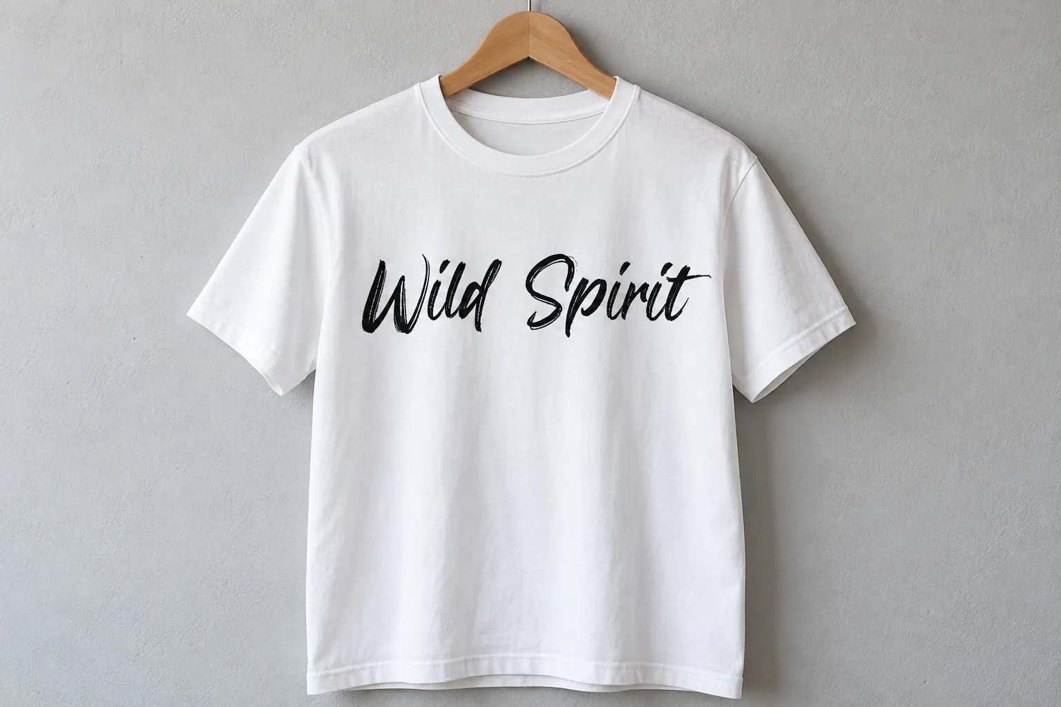 Blackrush font on a white t-shirt reading Wild Spirit