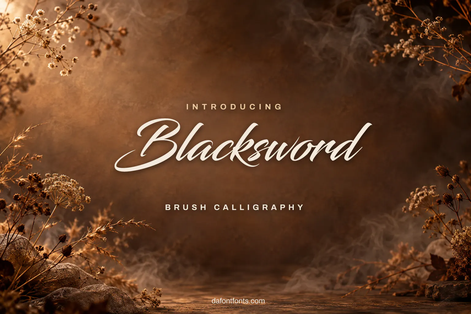 Blacksword font poster: black brush script on a warm brown background with wildflowers