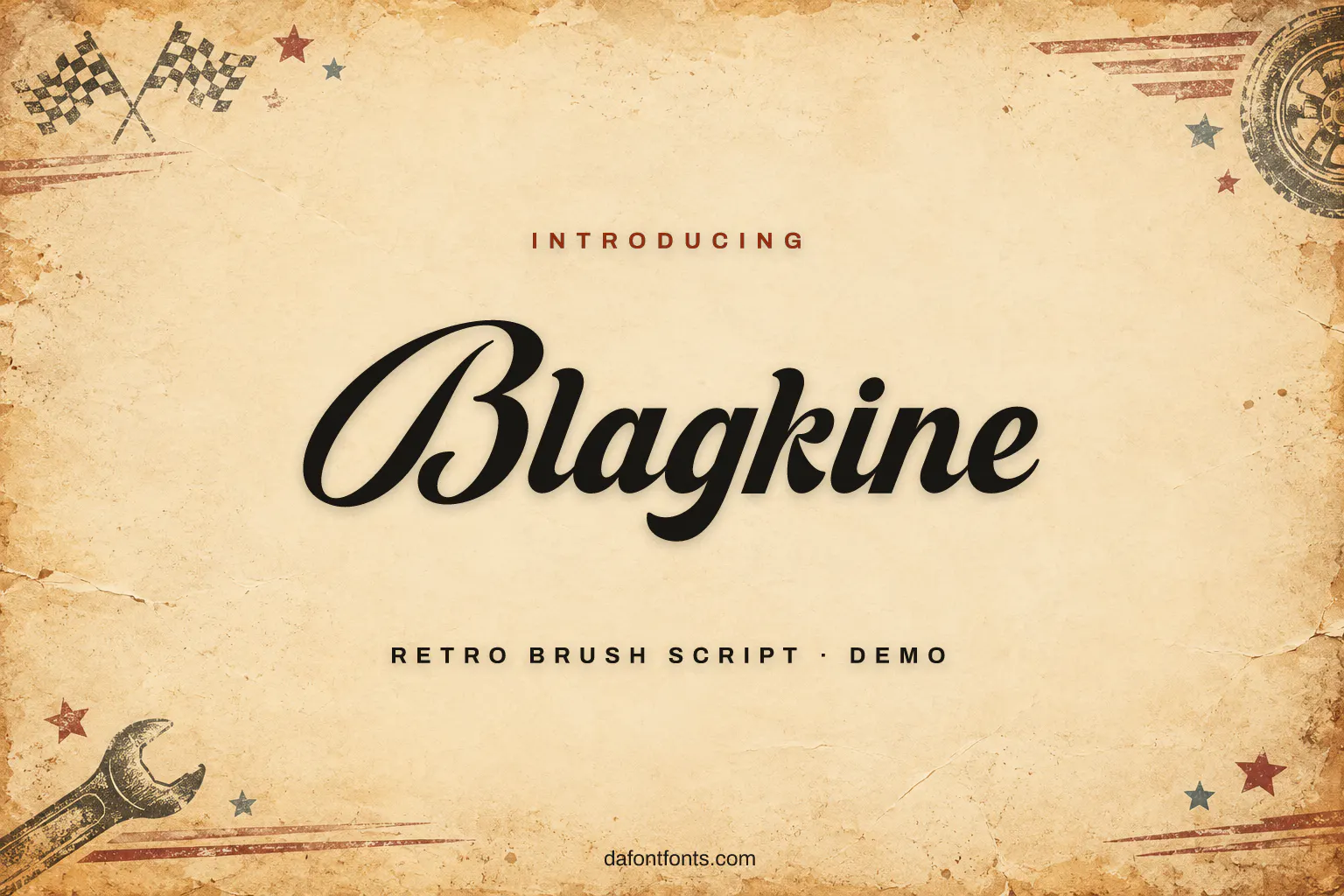Blagkine font poster: black retro brush script on a warm cream background with vintage badges