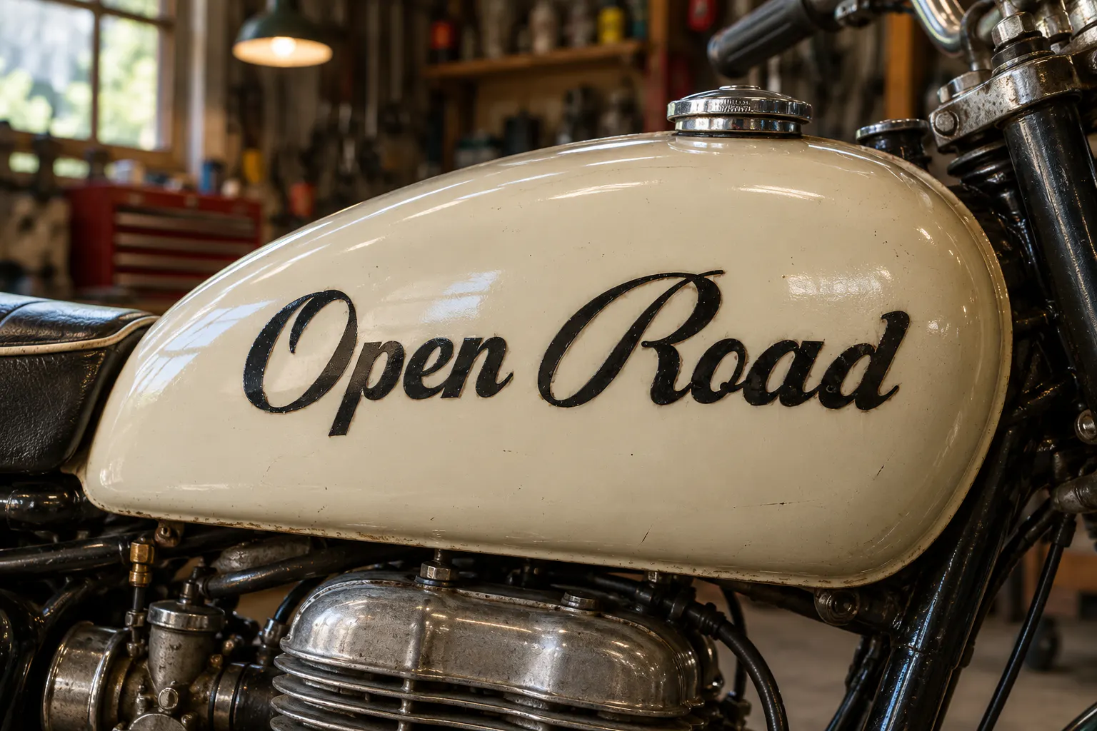 Blagkine font on a vintage motorcycle tank reading Open Road