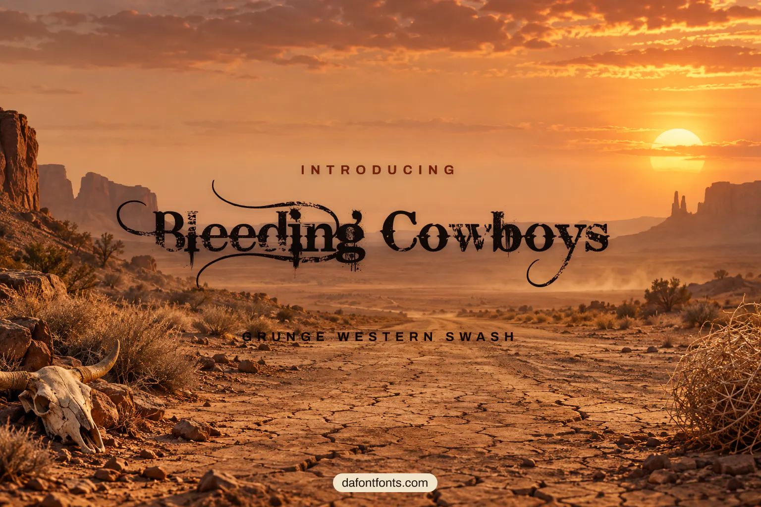 Bleeding Cowboys font poster: dark grunge western letters on a desert road background