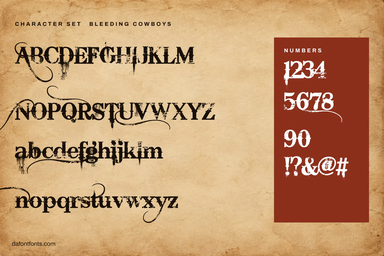 Bleeding Cowboys character set: alphabet, numbers and symbols