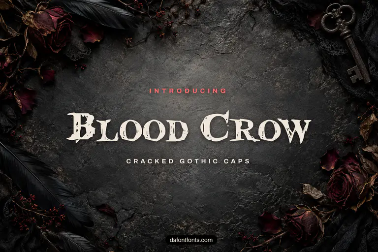 Blood Crow font poster: black cracked caps on a dark gothic background