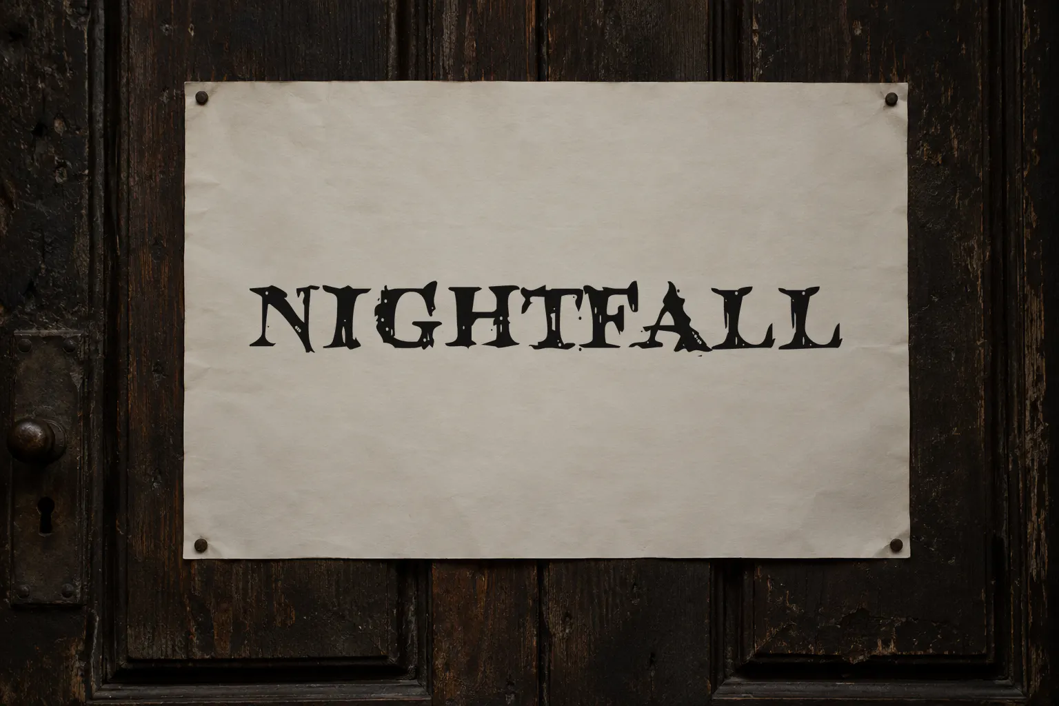 Blood Crow font on a poster on a wooden door reading NIGHTFALL