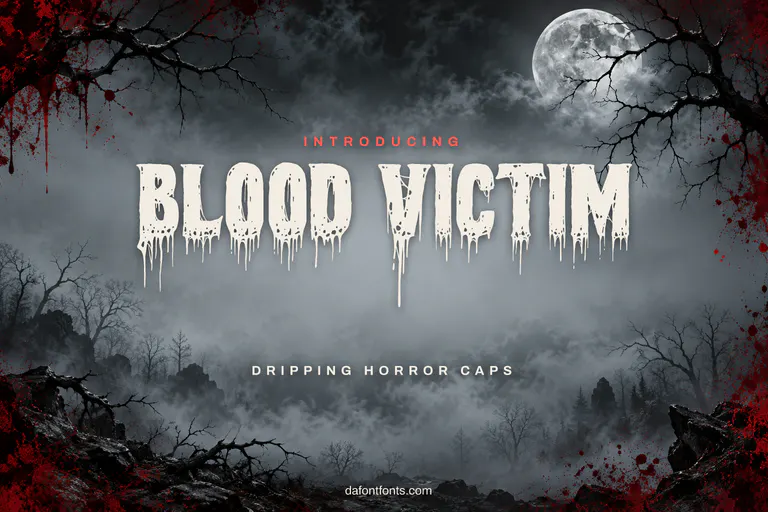 Blood Victim font poster: dripping horror caps with dead branches, fog and a full moon