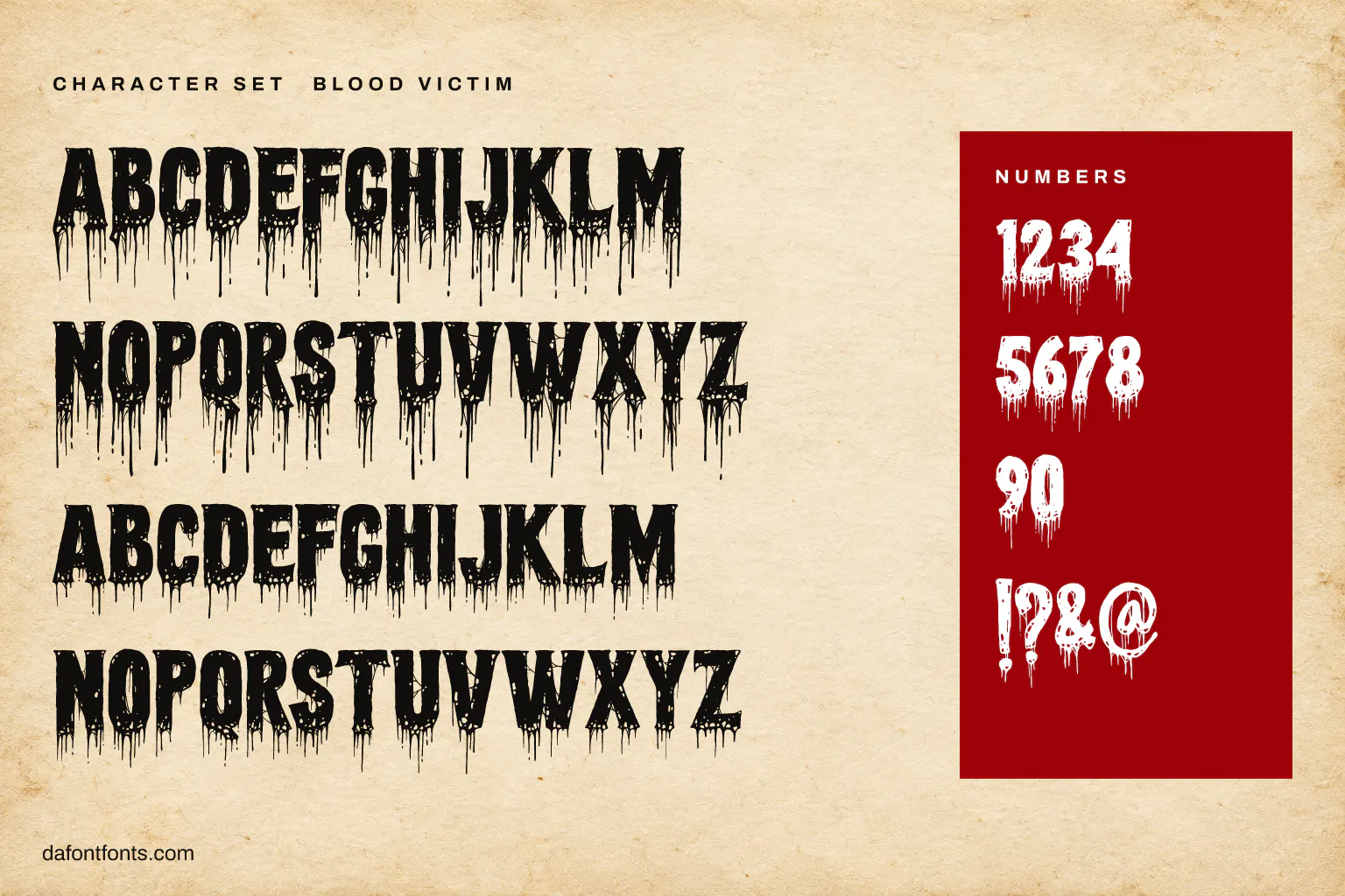 Blood Victim character set: alphabet, numbers and symbols