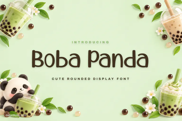 Boba Panda font poster: brown rounded letters on matcha green with bubble tea