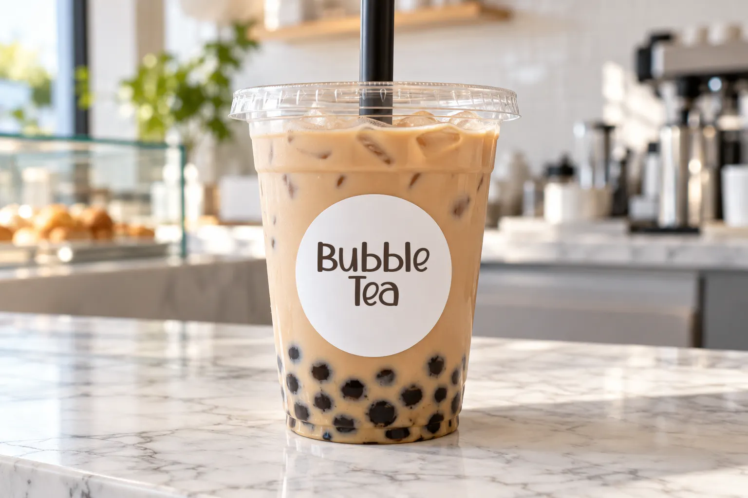 Boba Panda font on a bubble tea cup sticker reading Bubble Tea