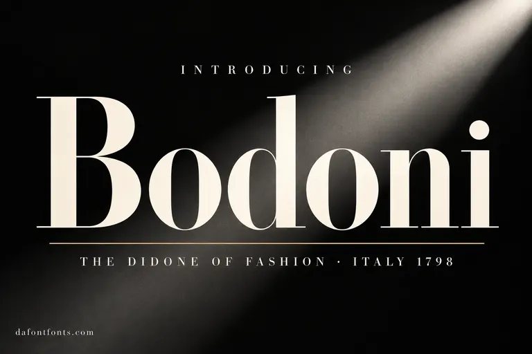 Bodoni font poster: ivory high-contrast Bodoni headline on black with a beam of light