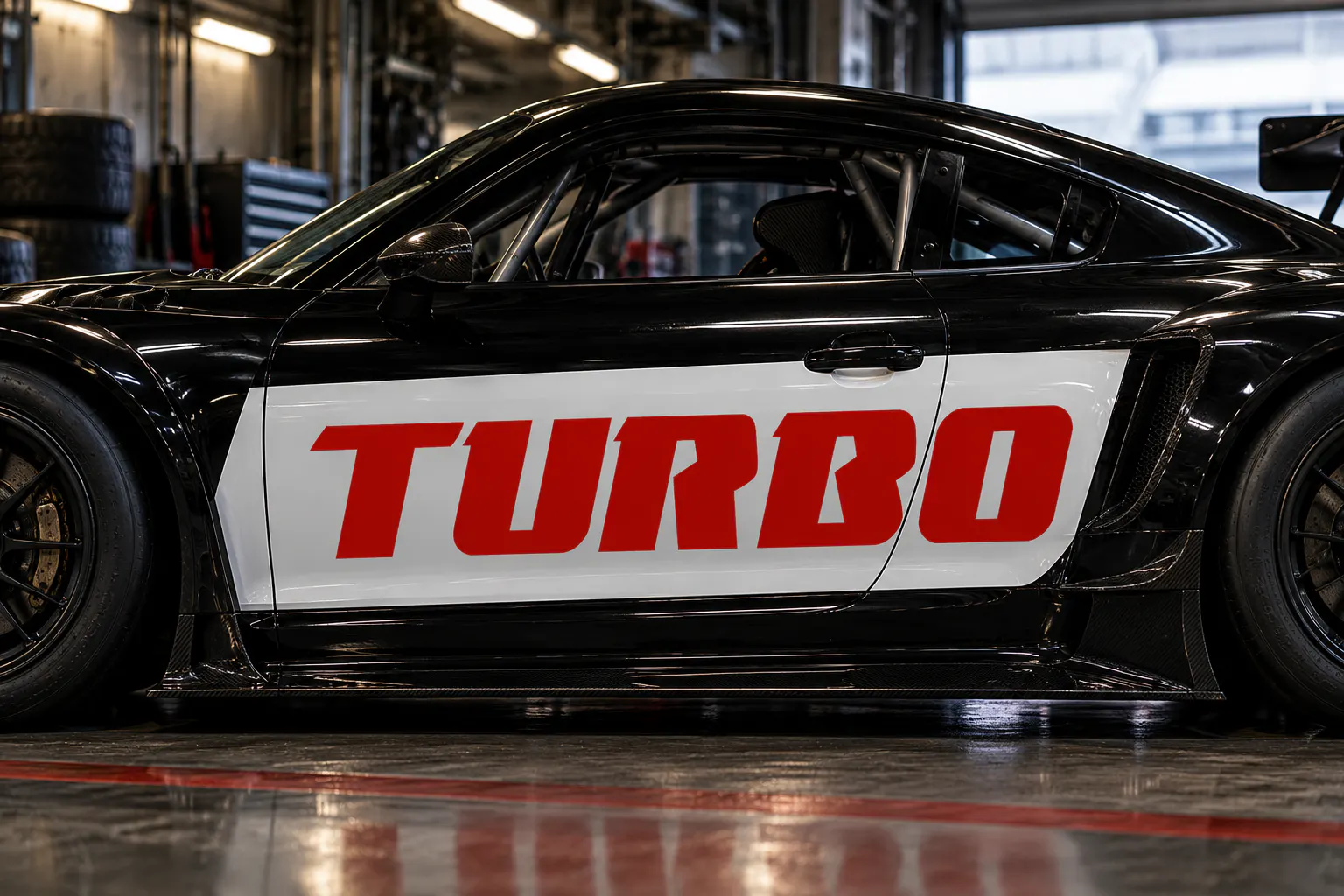 Boomhauer font on a race car panel reading TURBO