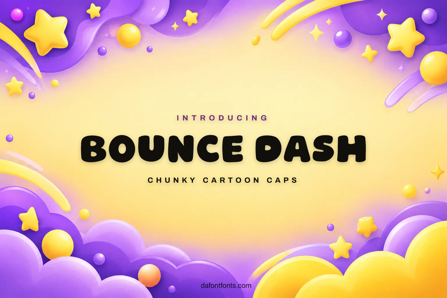 Bounce Dash font poster: black chunky caps on a purple and yellow game-style background