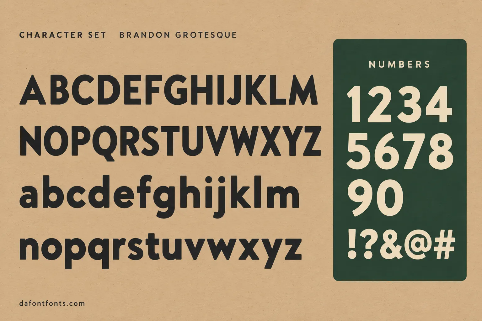 Brandon Grotesque style character set: uppercase and lowercase alphabet, numbers and symbols