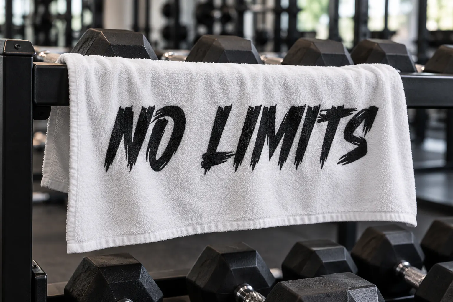 Break Brush font on a gym towel reading NO LIMITS