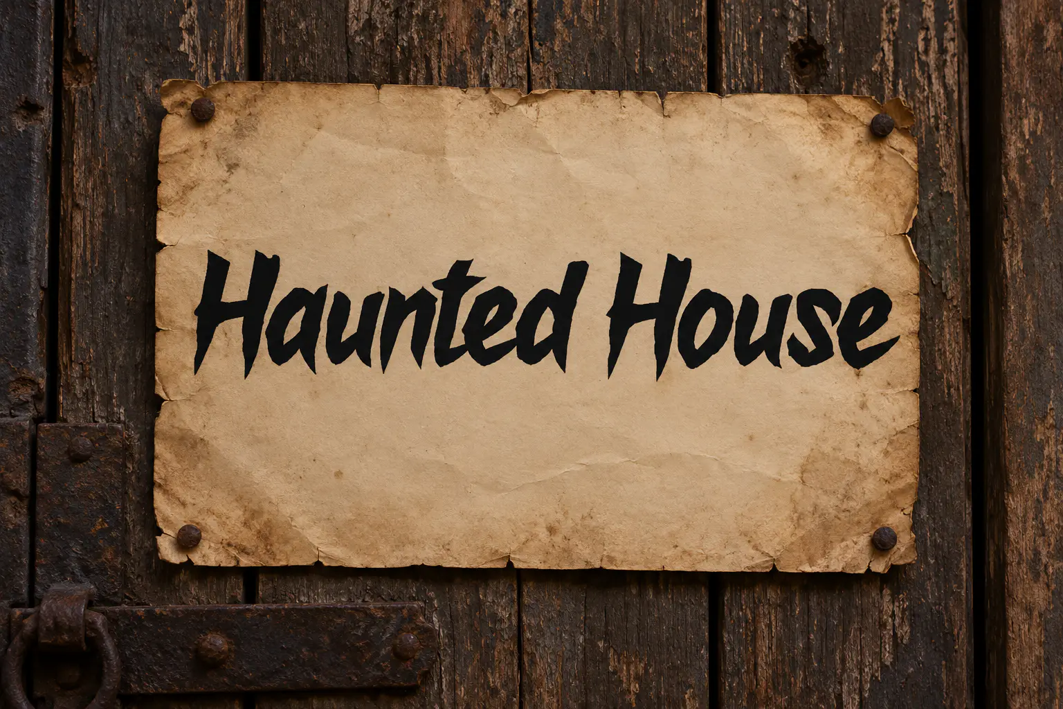 Breath of the House font on a poster on an old door reading Haunted House