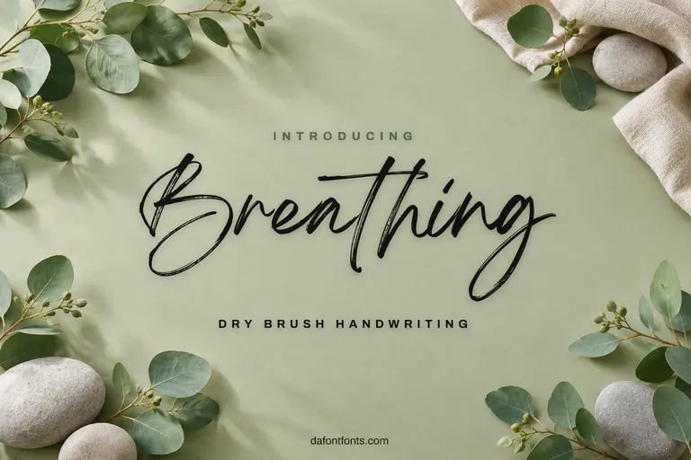 Breathing font poster: brush handwriting on sage paper with eucalyptus leaves