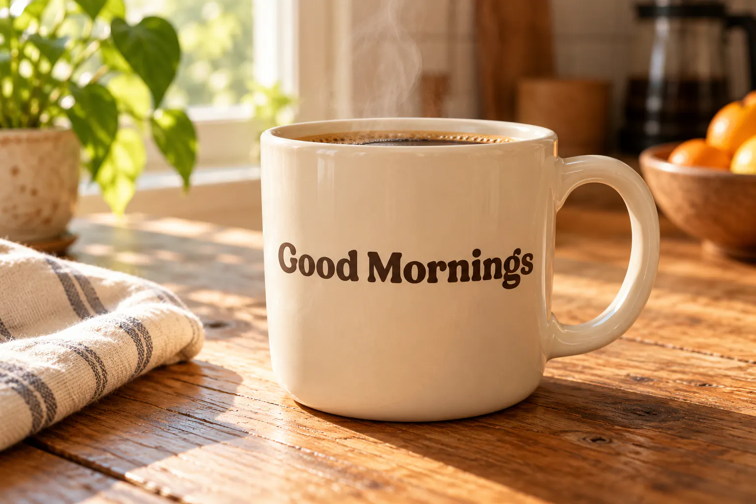 Bremlin font on a ceramic coffee mug reading Good Mornings