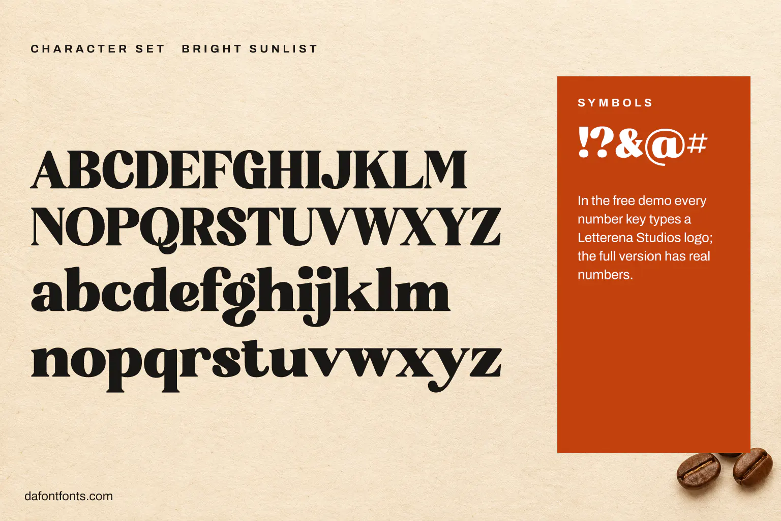 Bright Sunlist character set: capitals, lowercase and symbols (in the demo the number keys type a logo)