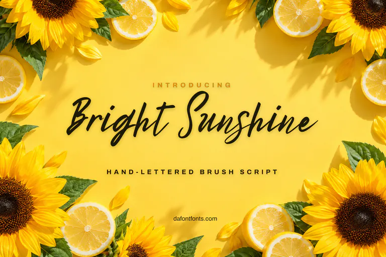 Bright Sunshine font poster: black brush script on warm yellow with sunflowers