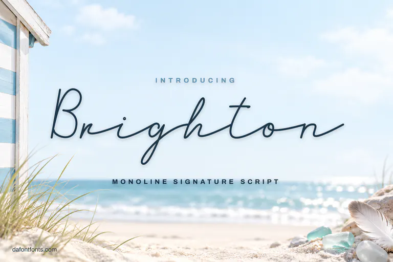 Brighton font poster: navy monoline script on sky blue white with sea glass