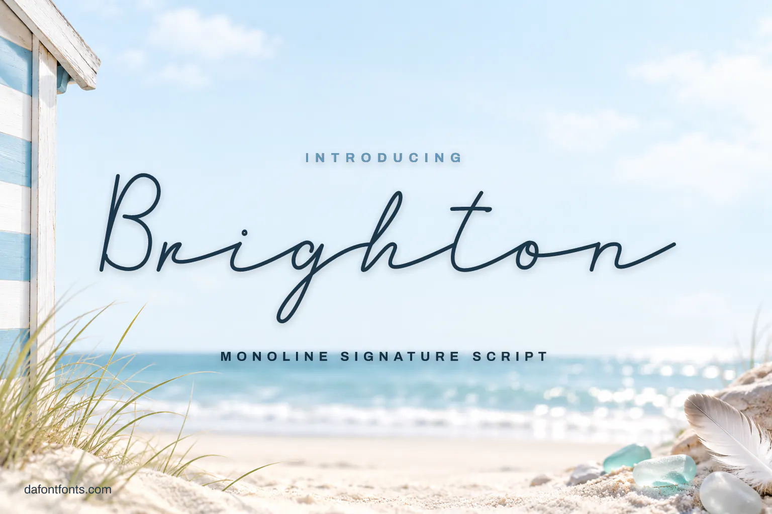 Brighton font poster: navy monoline script on sky blue white with sea glass