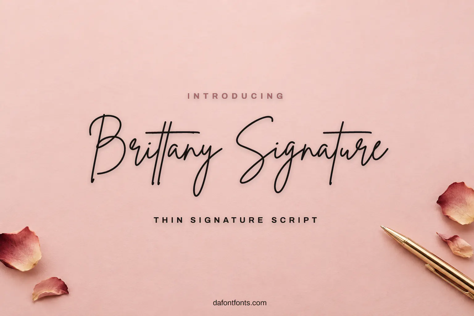 Brittany Signature font poster: thin black signature script on a blush background with a pen