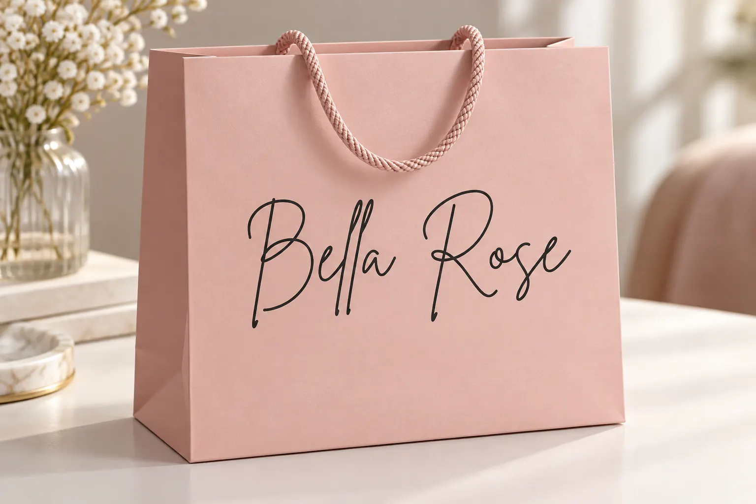 Brittany Signature font on a boutique shopping bag reading Bella Rose