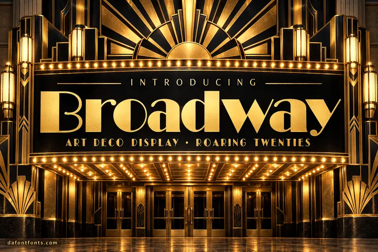 Broadway font poster: gold Art Deco headline on a black and gold theatre facade