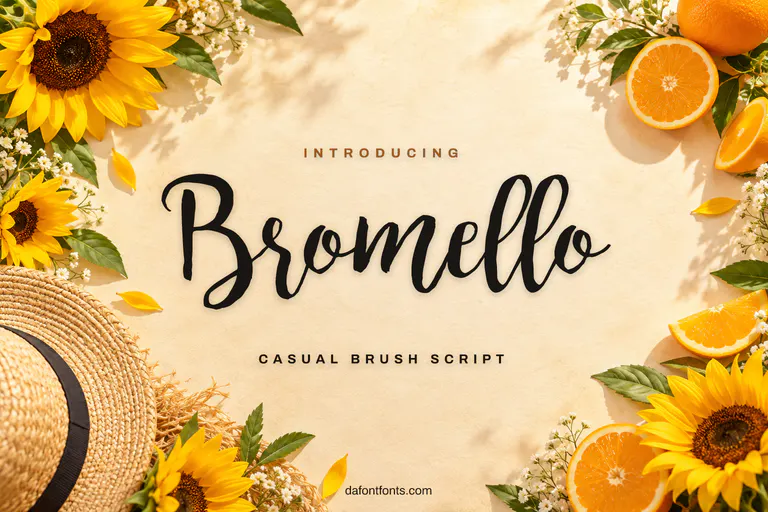 Bromello font poster: brush script on cream with sunflowers and orange slices