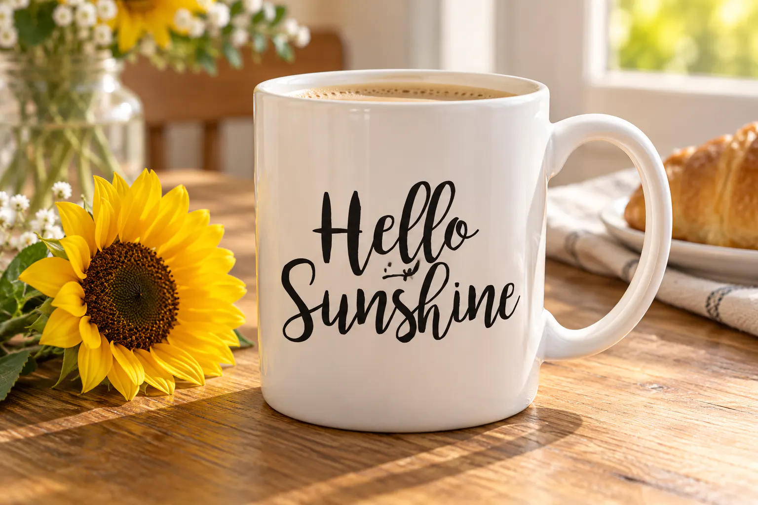 Bromello font on a coffee mug reading Hello Sunshine