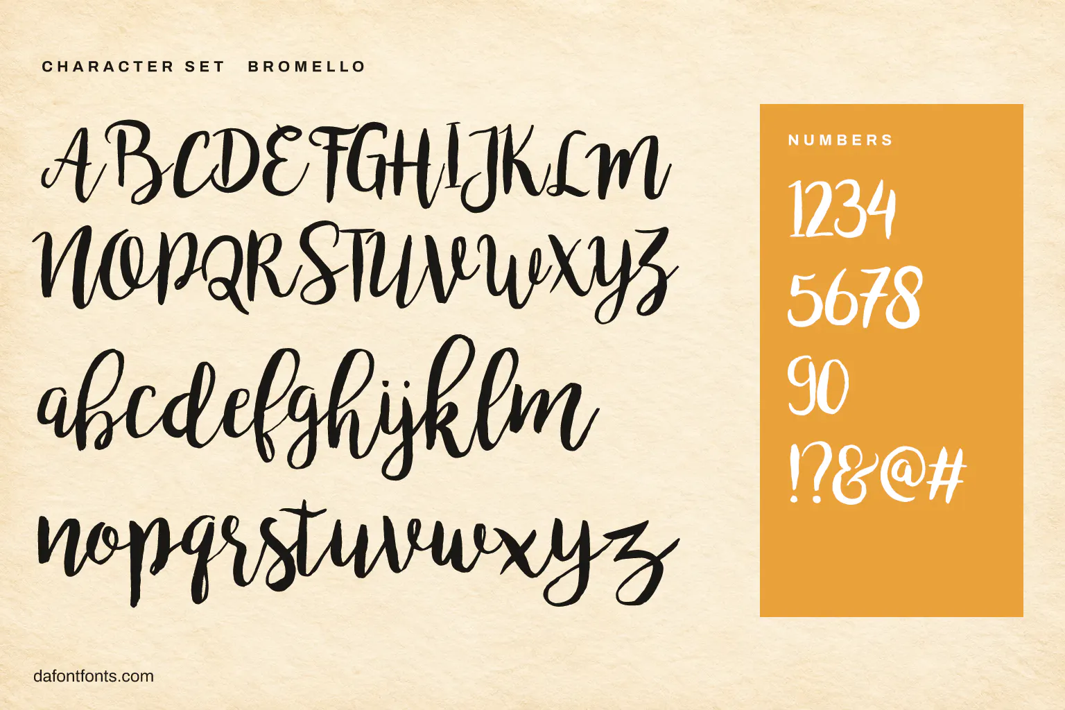 Bromello character set: alphabet, numbers and symbols