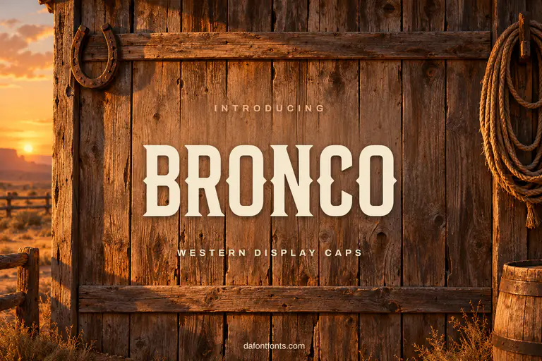 Bronco font poster: dark brown western caps on a weathered barn background