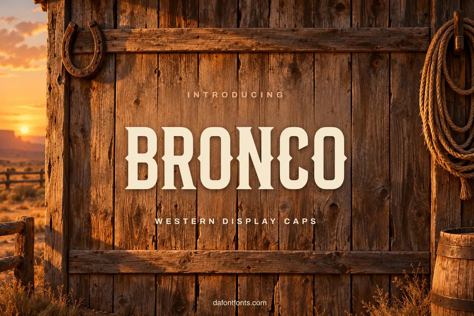 Bronco font poster: dark brown western caps on a weathered barn background
