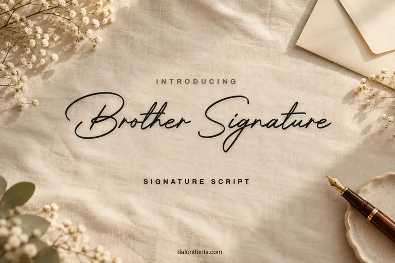 Brother Signature font poster: thin black signature on soft linen with a fountain pen
