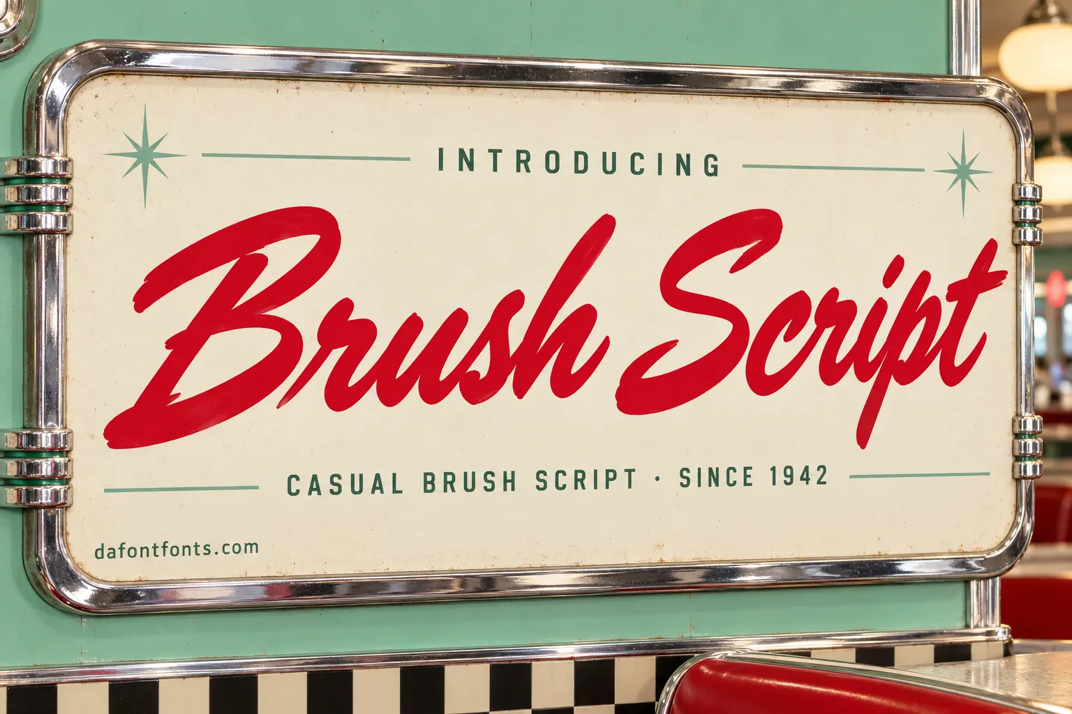Brush Script font poster: red casual script on a retro mint diner menu board