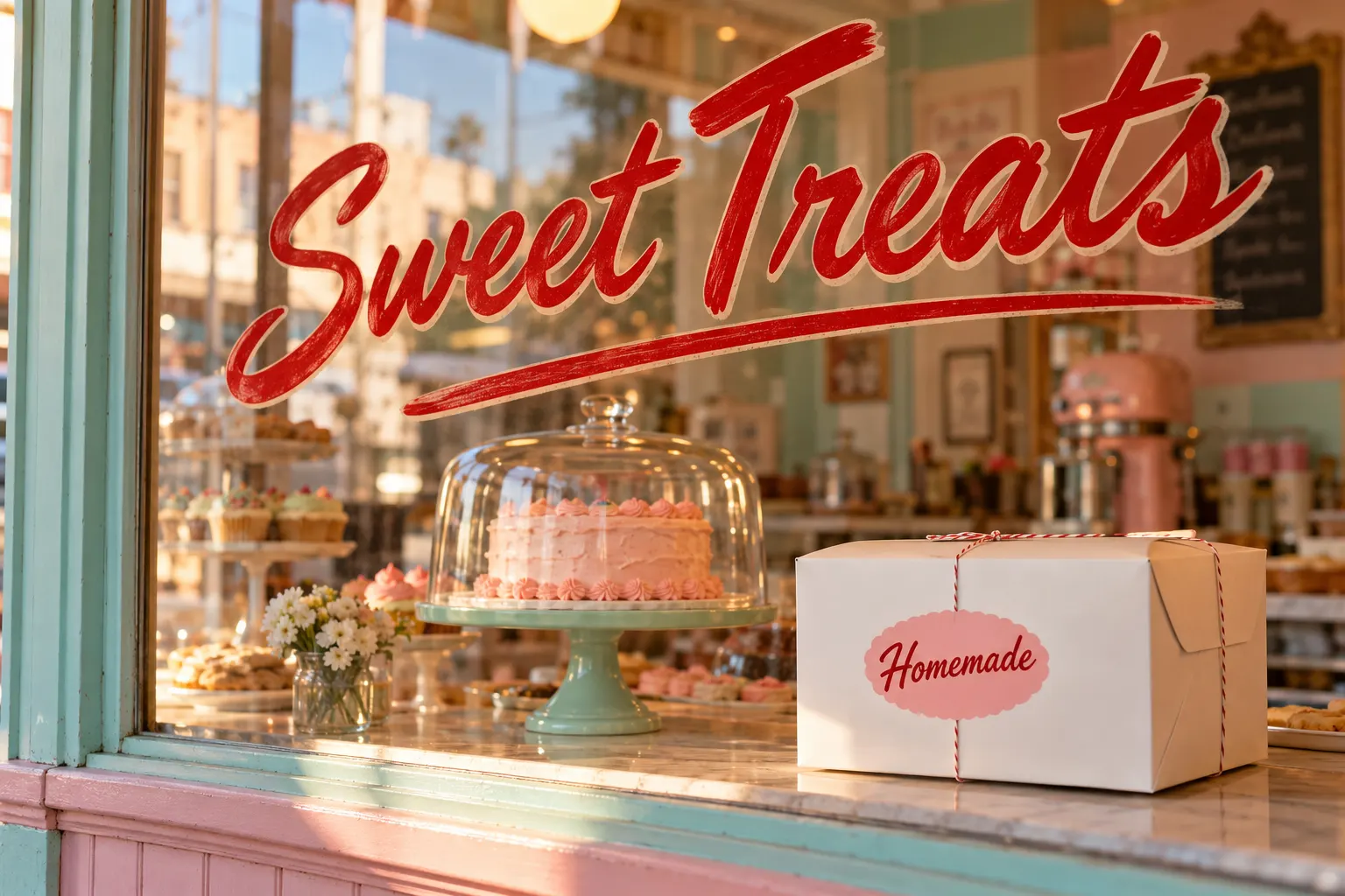 Brush Script style lettering on a bakery window and a cake box sticker