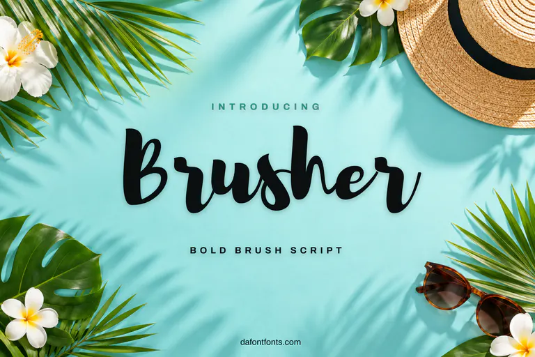 Brusher font poster: black brush script on a bright summer background