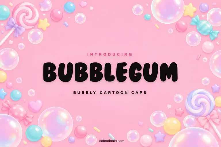 Bubblegum font poster: black bubbly caps on a pink background with gumballs