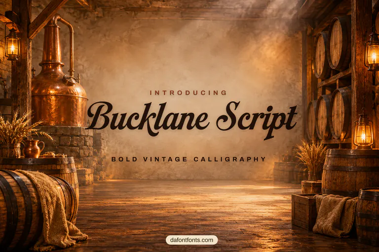 Bucklane Script font poster: dark brown calligraphy on a vintage distillery background