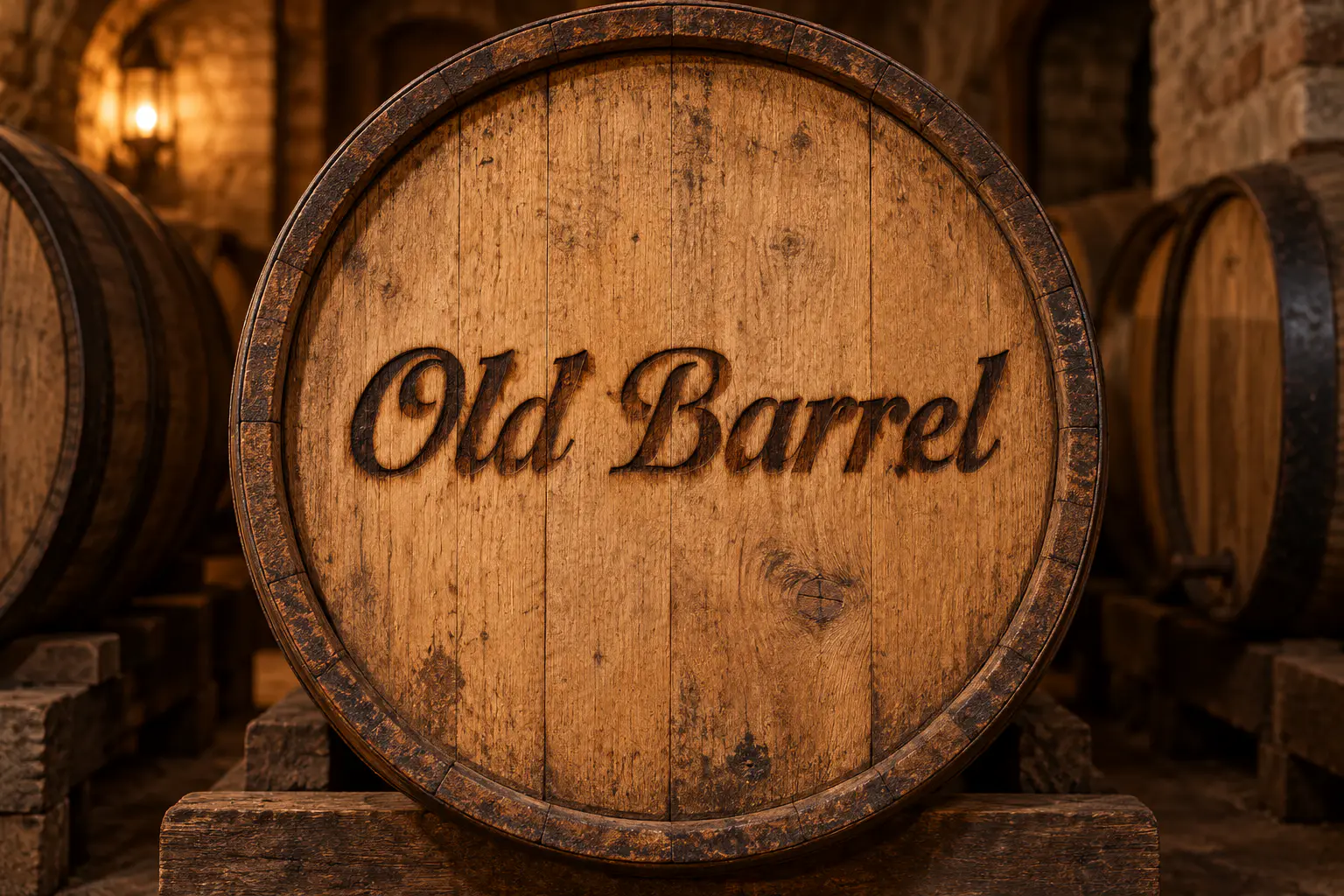 Bucklane Script font on an oak barrel head reading Old Barrel