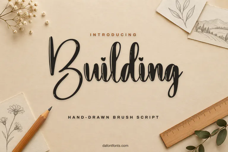 Building font poster: black brush script on a warm beige background with a pencil and ruler