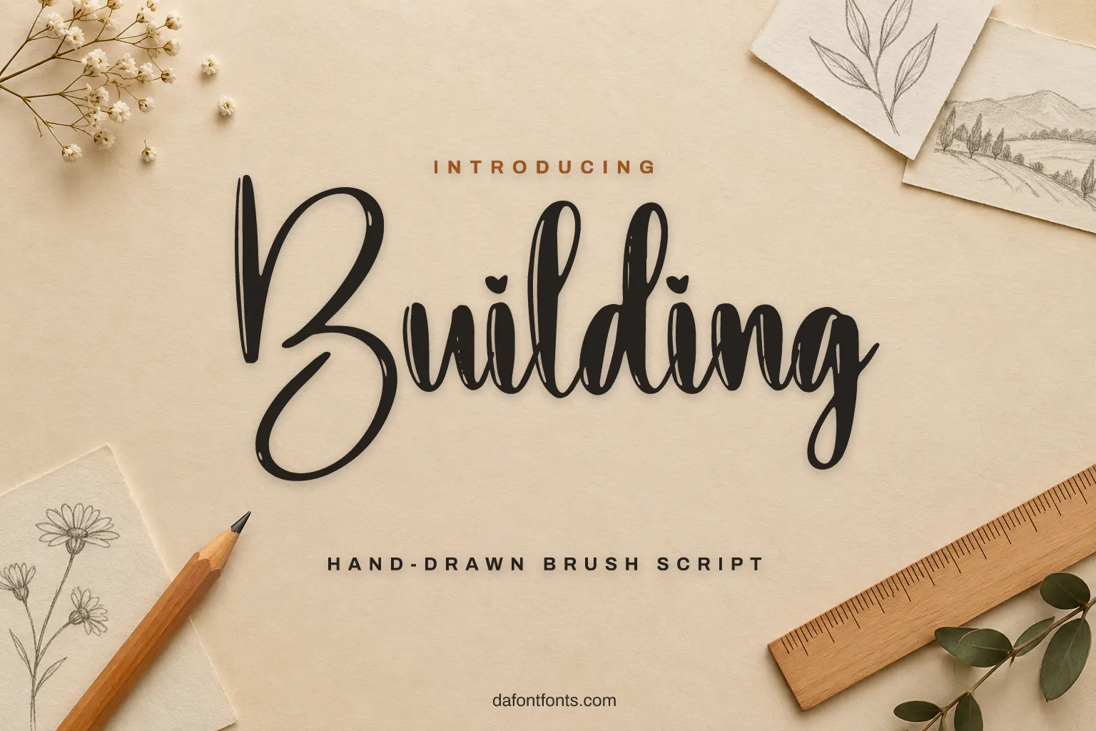Building font poster: black brush script on a warm beige background with a pencil and ruler
