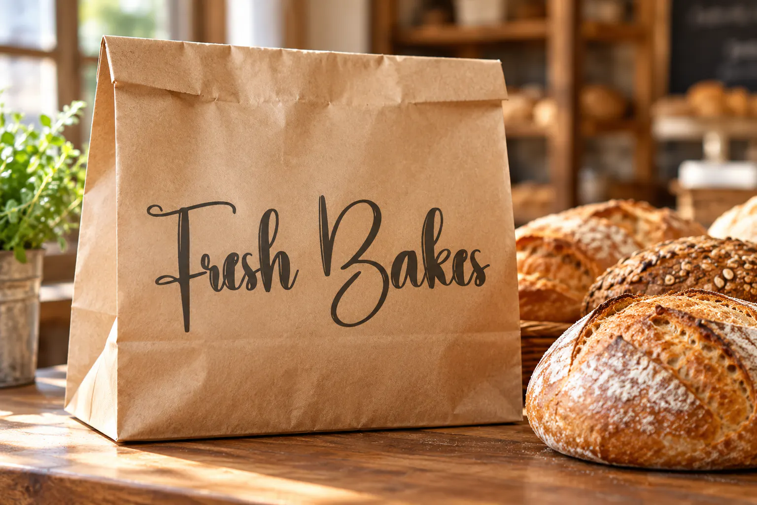 Building font on a kraft paper bag reading Fresh Bakes