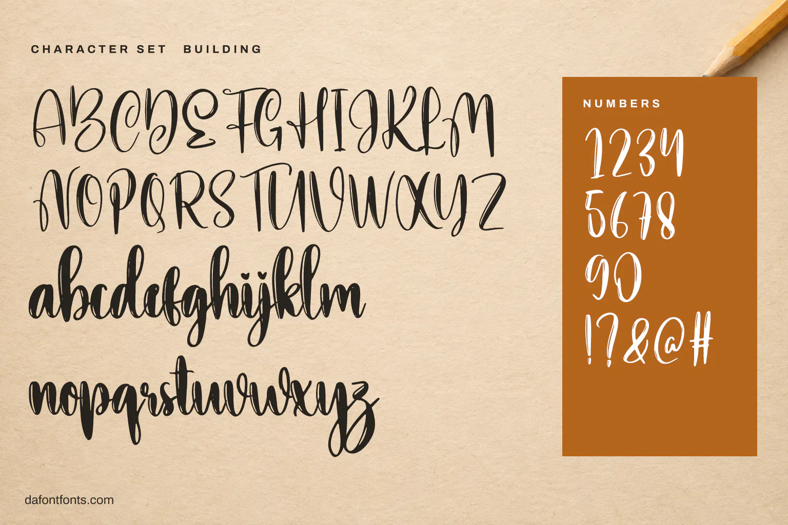 Building character set: alphabet, numbers and symbols