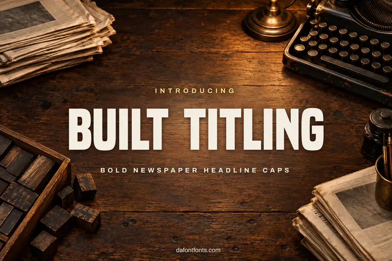 Built Titling font poster: bold black caps on a vintage newsroom background