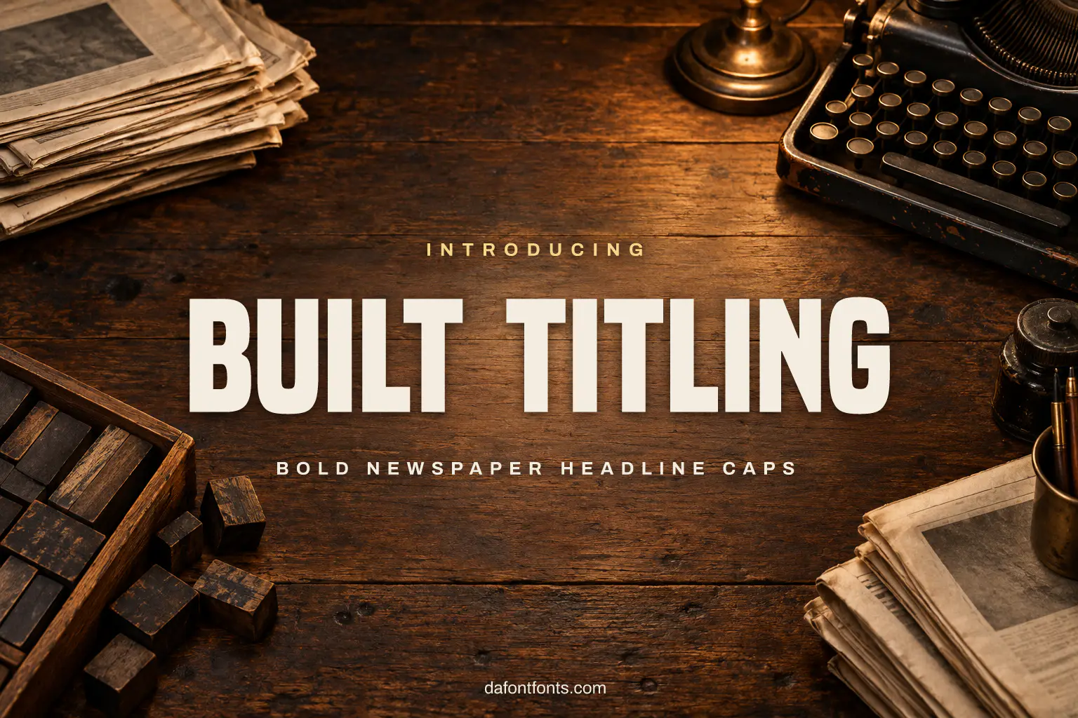 Built Titling font poster: bold black caps on a vintage newsroom background