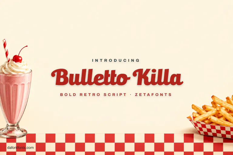Bulletto Killa font poster: red retro script on cream with a checkered diner strip