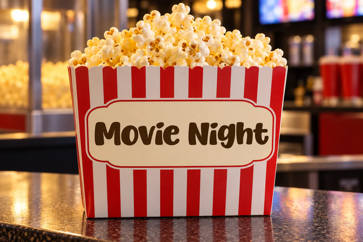 Butterpop font on a popcorn box reading Movie Night