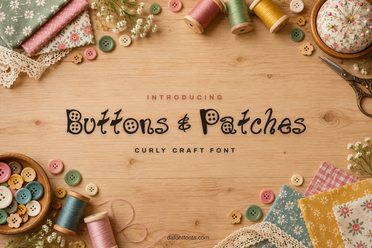 Buttons & Patches font poster: dark curly letters on a sewing table background with buttons and thread